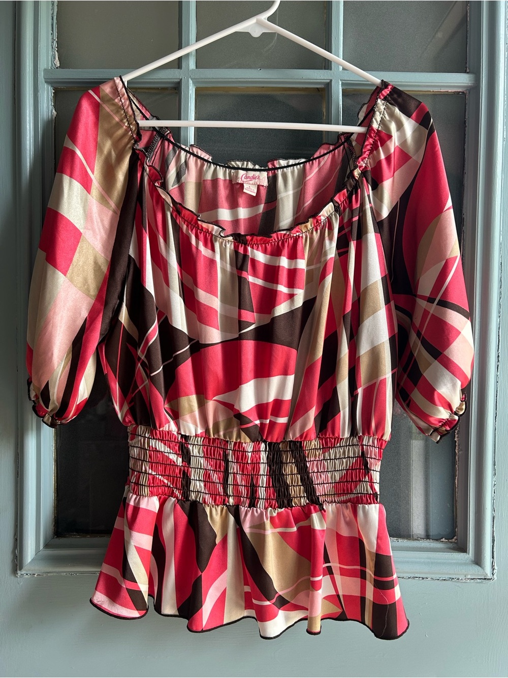 Y2K Vintage Candies Off The Shoulder Geometric Print Cinch Waist Pink Brown L